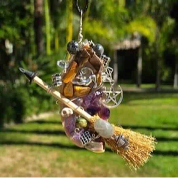 Witch Labradorite Broom with Gemstones and Charms on Abalone Amulet - Picture 2 of 4